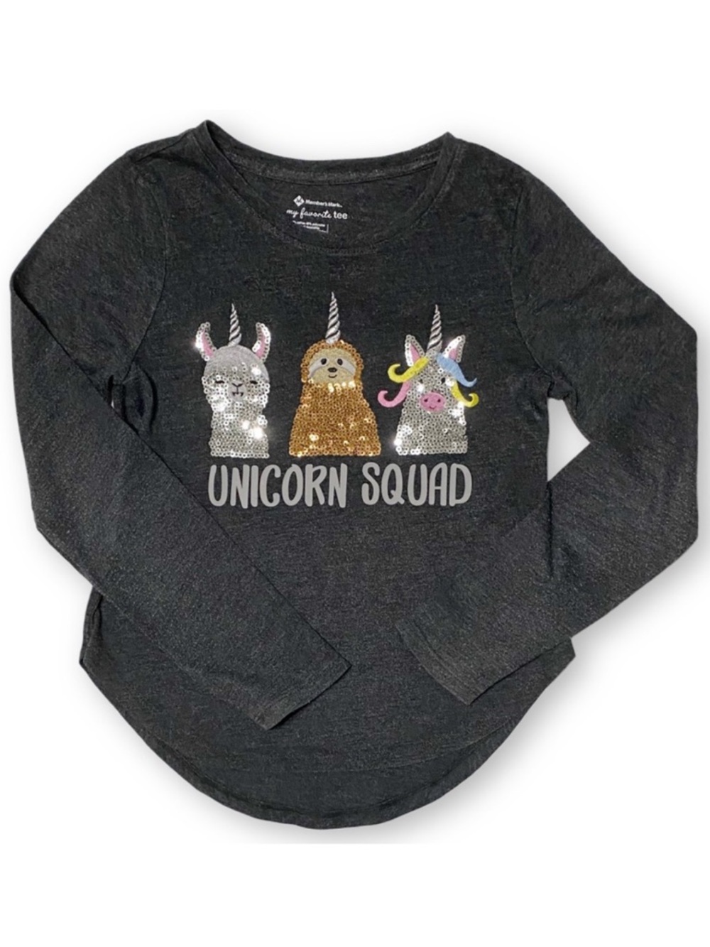 Member’s Mark Girls 7/8 Unicorn Squad Graphic Sequin Gray Long Sleeve T-Shirt